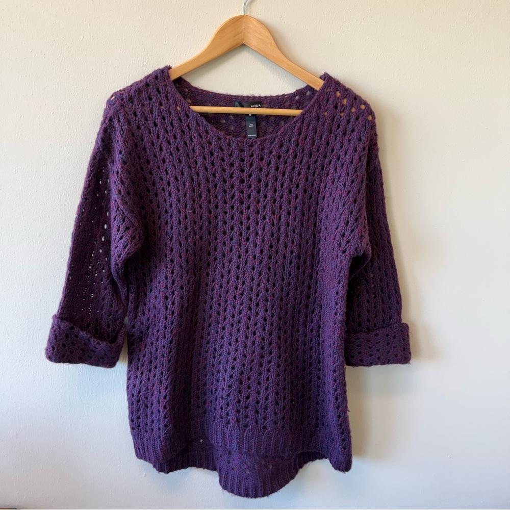 Aqua Purple Open Knit Crochet Pullover Sweater